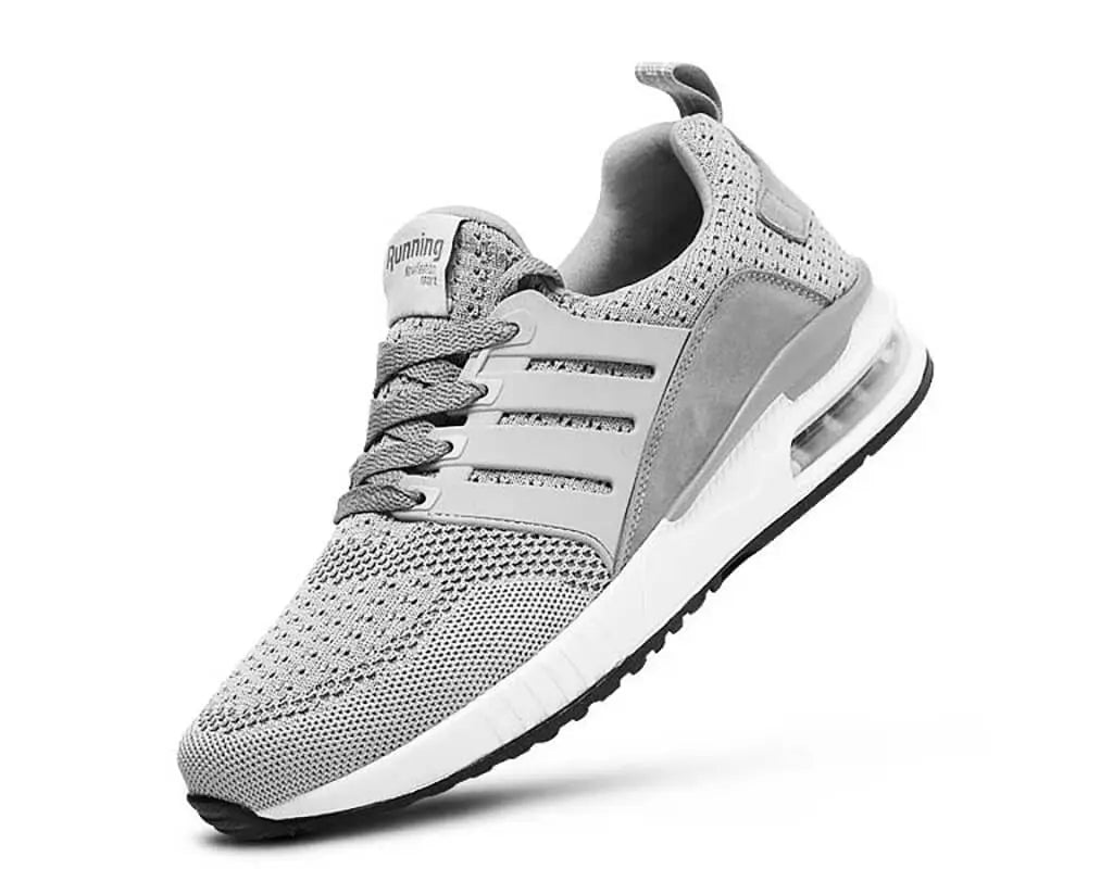 Fashionable, stylish, sport shoes, running shoes, everyday sneakers, breathable design, aircushioning, heel support, elastic closure, easy slip in. grey trainers