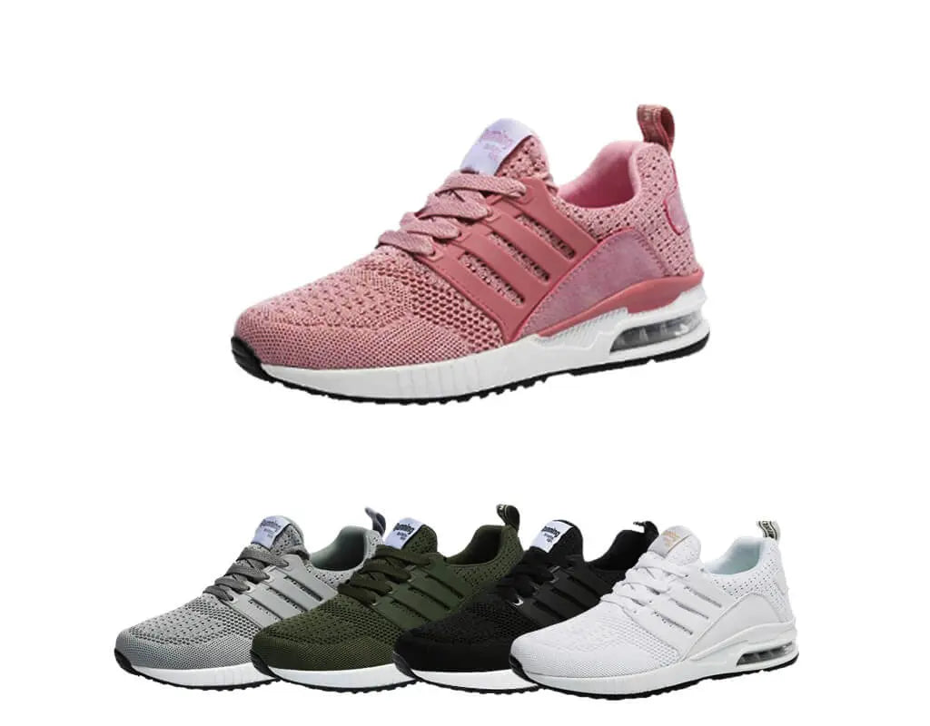 Fashionable, stylish, sport shoes, running shoes, everyday sneakers, breathable design, aircushioning, heel support, elastic closure, easy slip in. White, black, pink, army, grey trainers