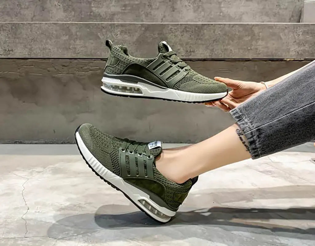 Fashionable, stylish, sport shoes, running shoes, everyday sneakers, breathable design, aircushioning, heel support, elastic closure, easy slip in. Army trainers