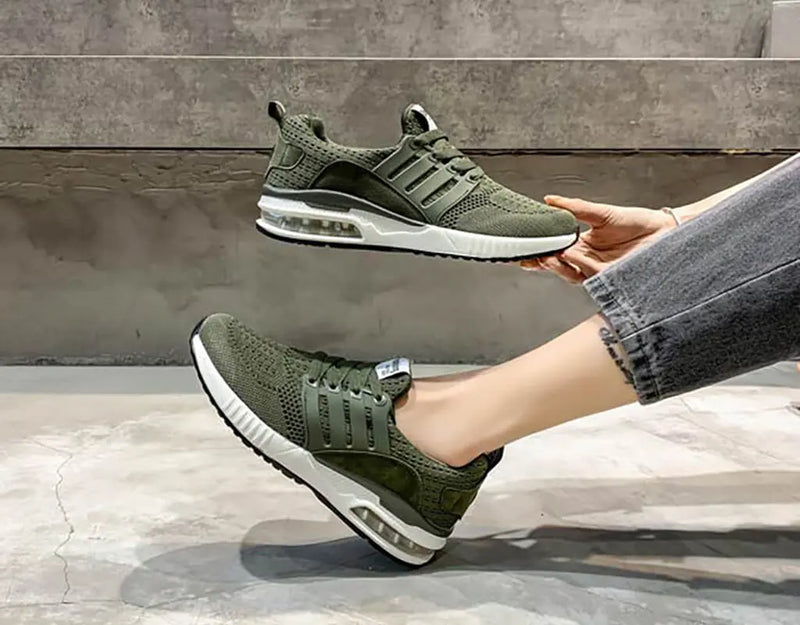 Fashionable, stylish, sport shoes, running shoes, everyday sneakers, breathable design, aircushioning, heel support, elastic closure, easy slip in. Army trainers